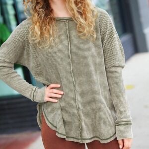 Zenana Olive Green Mineral Wash Waffle Oversized Cut Edge Top L/XL Cottagecore